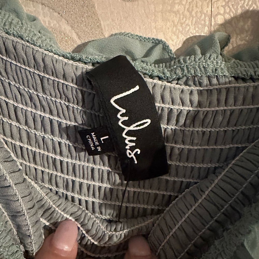 ๐ Lulu's Like a Fairy Tale Sage Green Smocked Tie-Strap Tiered Maxi Dress Large - Picture 7 of 9
